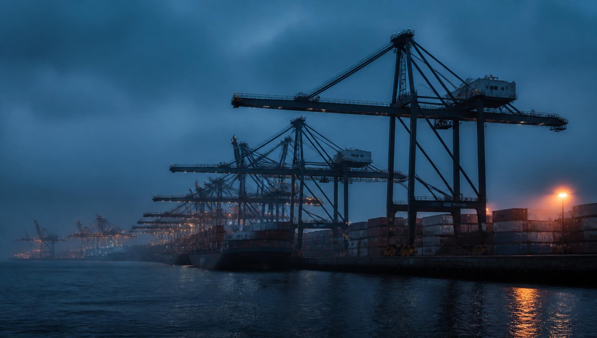 Ship-to-shore container cranes working a vessel at the Maasvlakte terminal, Port of Rotterdam